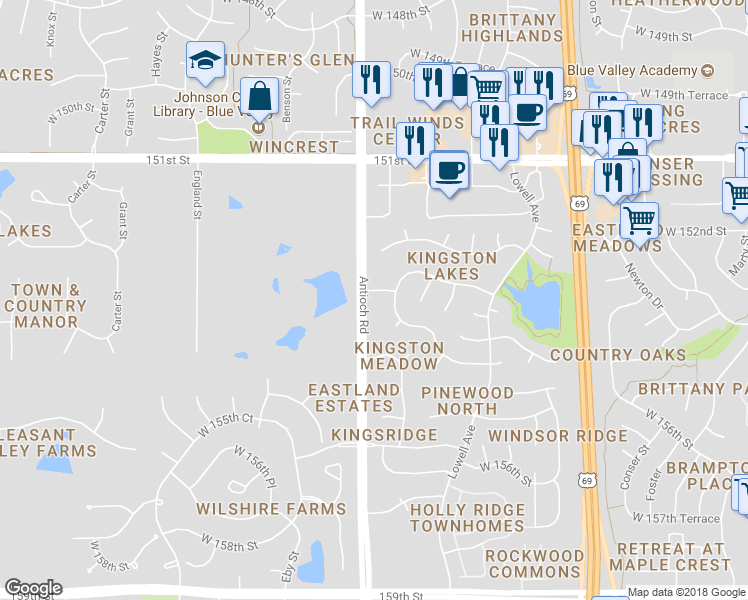 map of restaurants, bars, coffee shops, grocery stores, and more near 15365 Antioch Road in Overland Park