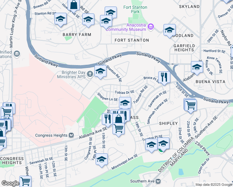map of restaurants, bars, coffee shops, grocery stores, and more near 1513 Tobias Drive Southeast in Washington