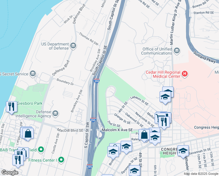 map of restaurants, bars, coffee shops, grocery stores, and more near 2700 Newcomb Street Southeast in Washington