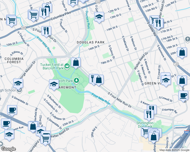map of restaurants, bars, coffee shops, grocery stores, and more near 4185 South Four Mile Run Drive in Arlington