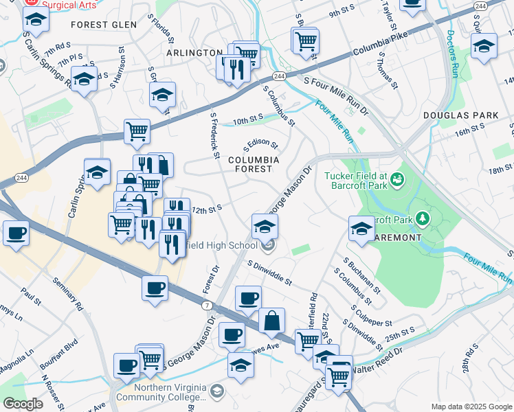 map of restaurants, bars, coffee shops, grocery stores, and more near 5105 12th Road South in Arlington