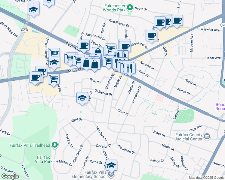 map of restaurants, bars, coffee shops, grocery stores, and more near 4026 Maple Street in Fairfax