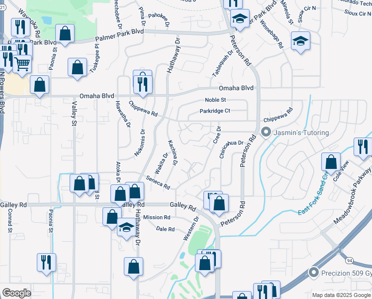 map of restaurants, bars, coffee shops, grocery stores, and more near 1249 Soaring Eagle Drive in Colorado Springs
