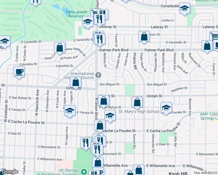 map of restaurants, bars, coffee shops, grocery stores, and more near 1230 Bonfoy Avenue in Colorado Springs