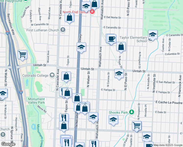 map of restaurants, bars, coffee shops, grocery stores, and more near 1119 North Weber Street in Colorado Springs