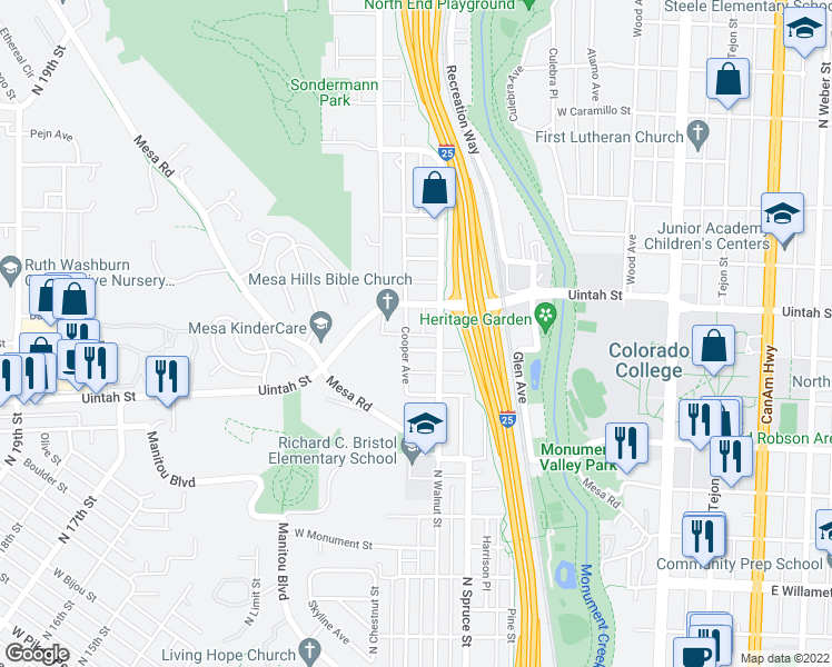 map of restaurants, bars, coffee shops, grocery stores, and more near 1116 Cooper Avenue in Colorado Springs