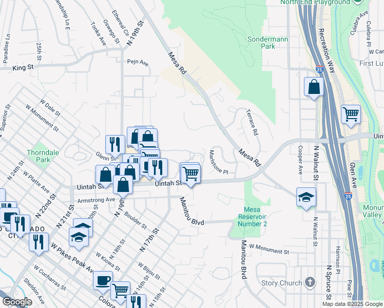 map of restaurants, bars, coffee shops, grocery stores, and more near 1610 Gatehouse Circle North in Colorado Springs