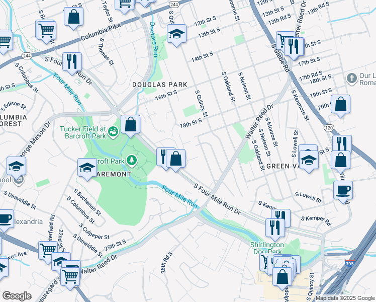 map of restaurants, bars, coffee shops, grocery stores, and more near 4119 South Four Mile Run Drive in Arlington