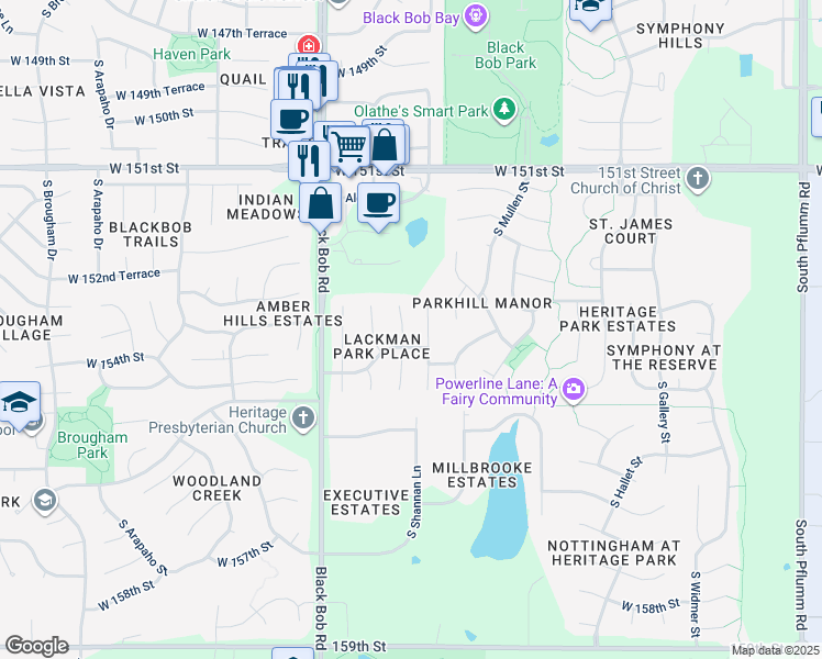 map of restaurants, bars, coffee shops, grocery stores, and more near 15387 South Alden Street in Olathe