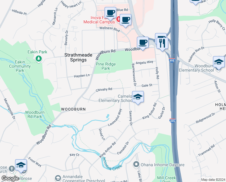 map of restaurants, bars, coffee shops, grocery stores, and more near 8209 Chivalry Road in Annandale