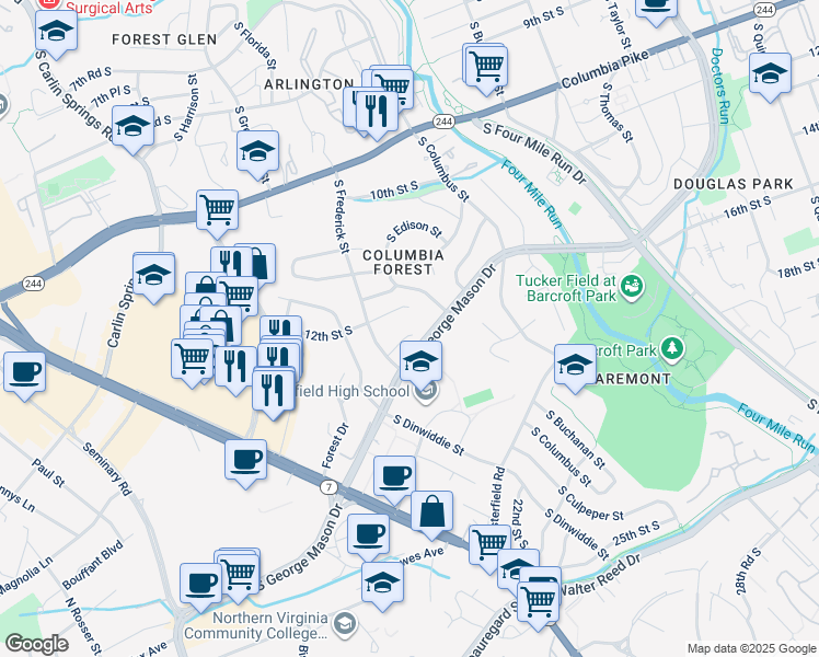 map of restaurants, bars, coffee shops, grocery stores, and more near 5105 12th Road South in Arlington