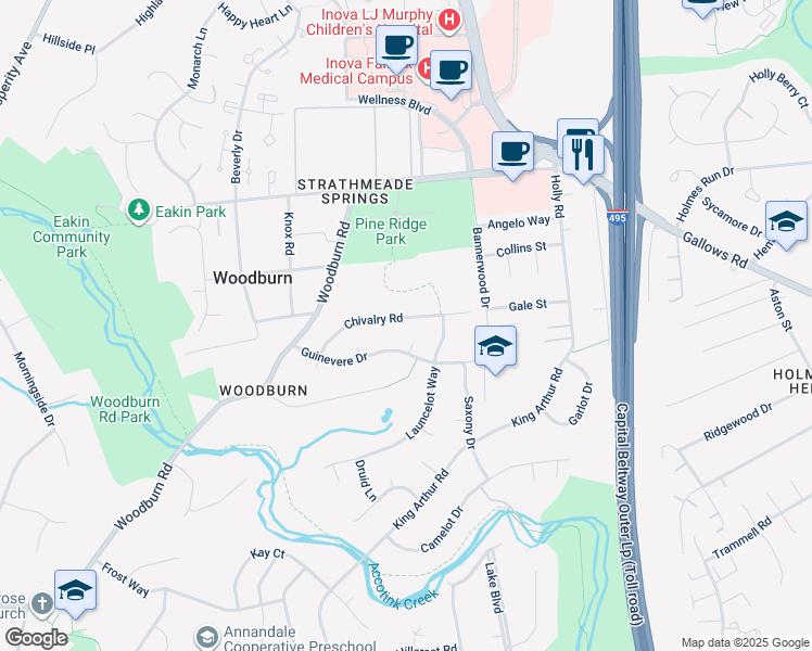 map of restaurants, bars, coffee shops, grocery stores, and more near 8209 Chivalry Road in Annandale