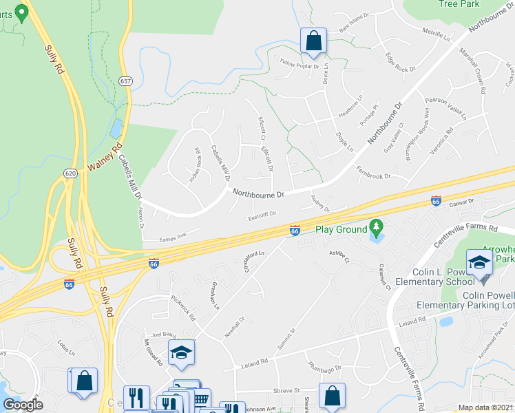 map of restaurants, bars, coffee shops, grocery stores, and more near 5303 Darrington Way in Centreville