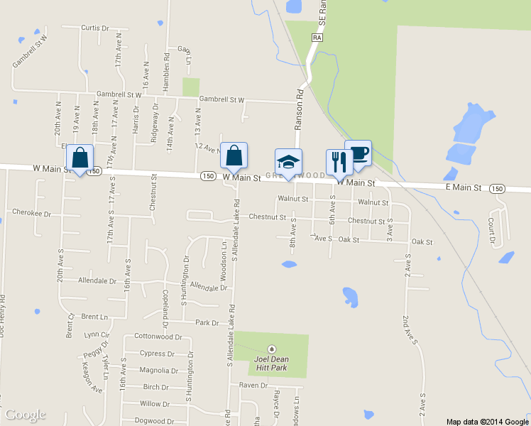 map of restaurants, bars, coffee shops, grocery stores, and more near 904 Chestnut St in Greenwood