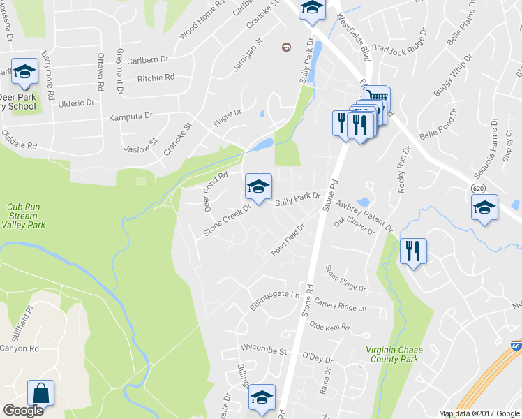 map of restaurants, bars, coffee shops, grocery stores, and more near 5801 Stone Creek Dr in Centreville