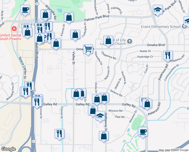 map of restaurants, bars, coffee shops, grocery stores, and more near 1278 Atoka Drive in Colorado Springs