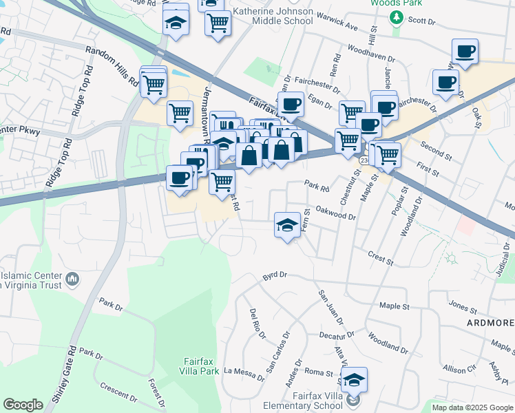 map of restaurants, bars, coffee shops, grocery stores, and more near 4112 William Place in Fairfax