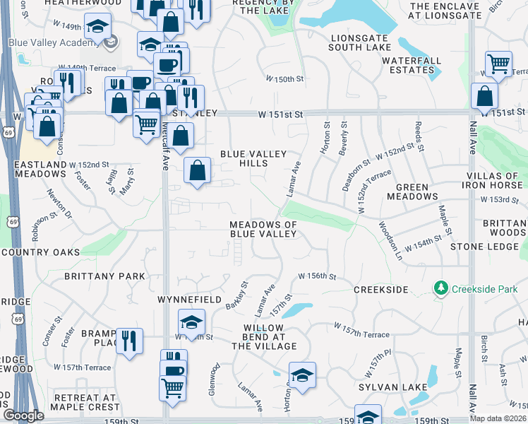 map of restaurants, bars, coffee shops, grocery stores, and more near 6602 West 155th Street in Overland Park