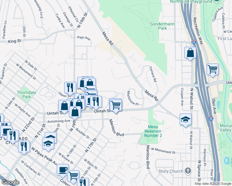 map of restaurants, bars, coffee shops, grocery stores, and more near 1610 Gatehouse Circle North in Colorado Springs