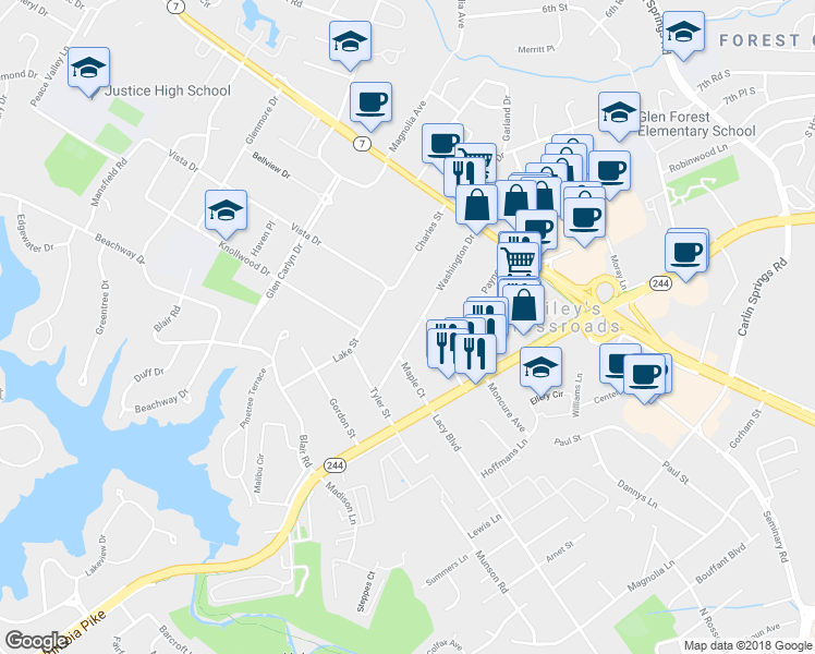 map of restaurants, bars, coffee shops, grocery stores, and more near 3452 Washington Drive in Falls Church