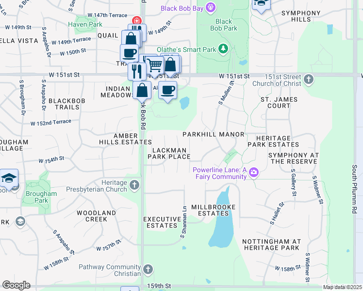 map of restaurants, bars, coffee shops, grocery stores, and more near 15387 South Alden Street in Olathe