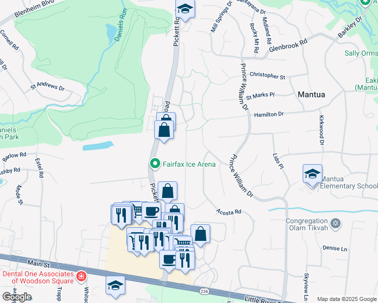 map of restaurants, bars, coffee shops, grocery stores, and more near 9360 Tovito Drive in Fairfax