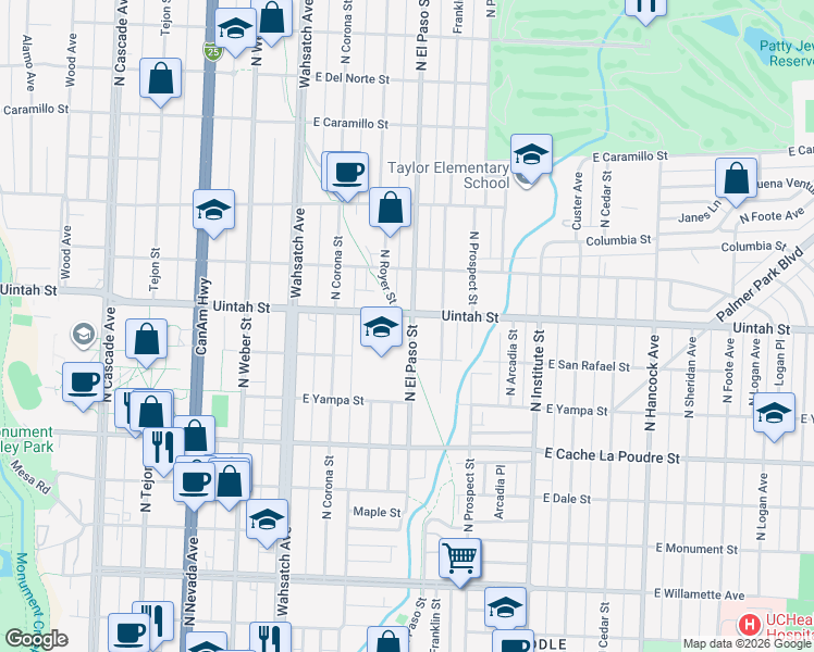 map of restaurants, bars, coffee shops, grocery stores, and more near 627 East Uintah Street in Colorado Springs