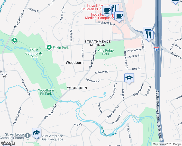 map of restaurants, bars, coffee shops, grocery stores, and more near 3505 Woodburn Road in Annandale