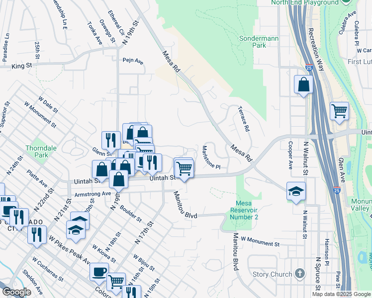 map of restaurants, bars, coffee shops, grocery stores, and more near 1610 Gatehouse Circle North in Colorado Springs