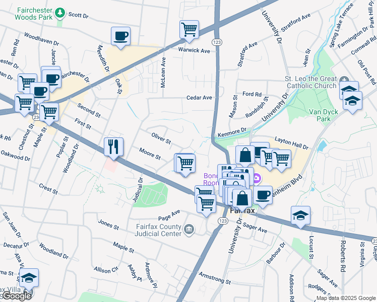 map of restaurants, bars, coffee shops, grocery stores, and more near 3909 Tusico Place in Fairfax
