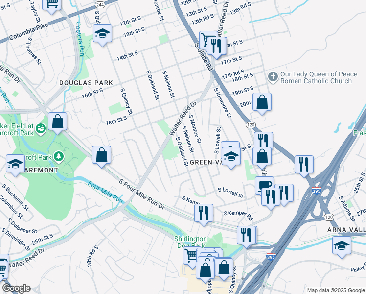 map of restaurants, bars, coffee shops, grocery stores, and more near 2105 South Oakland Street in Arlington