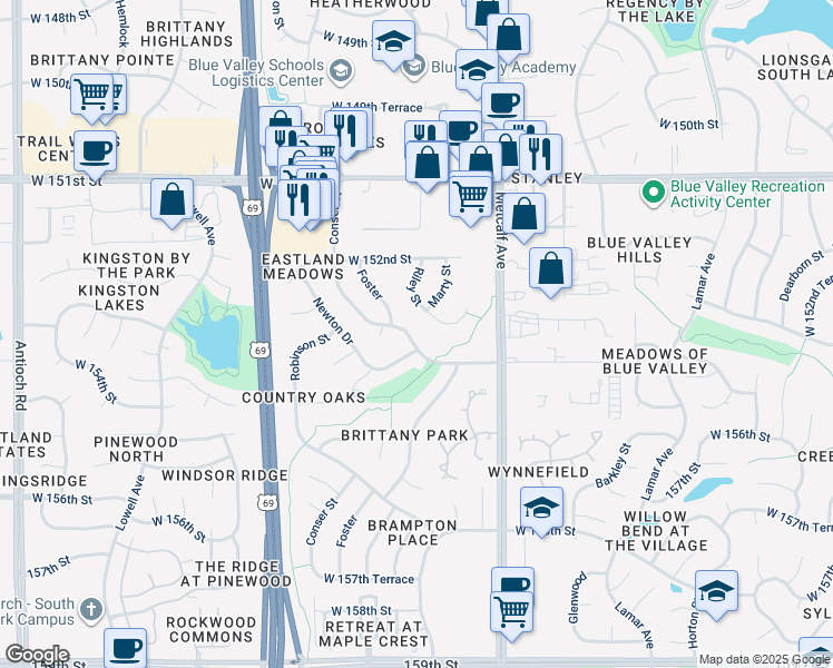 map of restaurants, bars, coffee shops, grocery stores, and more near 15413 Conser Street in Overland Park