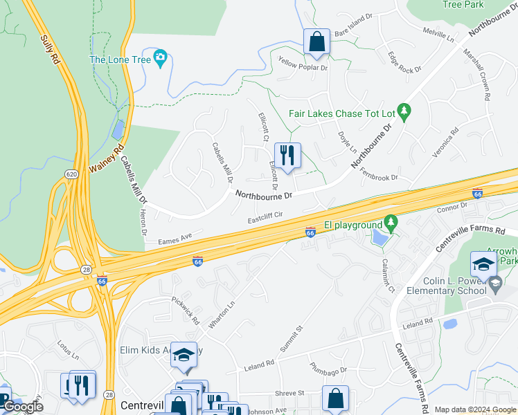 map of restaurants, bars, coffee shops, grocery stores, and more near 5303 Darrington Way in Centreville