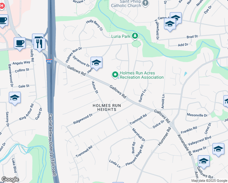 map of restaurants, bars, coffee shops, grocery stores, and more near 3454 Gallows Road in Annandale