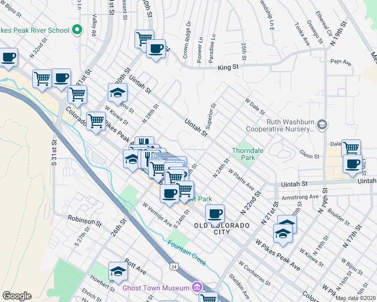 map of restaurants, bars, coffee shops, grocery stores, and more near 2529 West Bijou Street in Colorado Springs