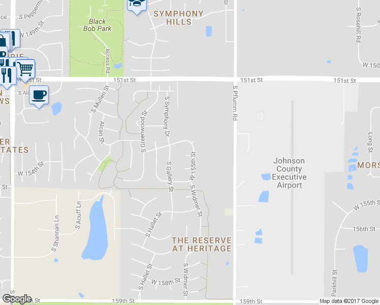 map of restaurants, bars, coffee shops, grocery stores, and more near 15342 South Widmer Street in Olathe