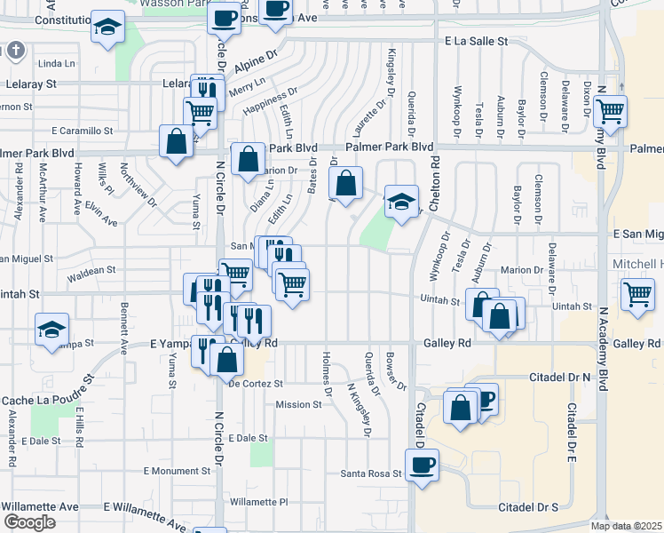 map of restaurants, bars, coffee shops, grocery stores, and more near 1219 Holmes Drive in Colorado Springs