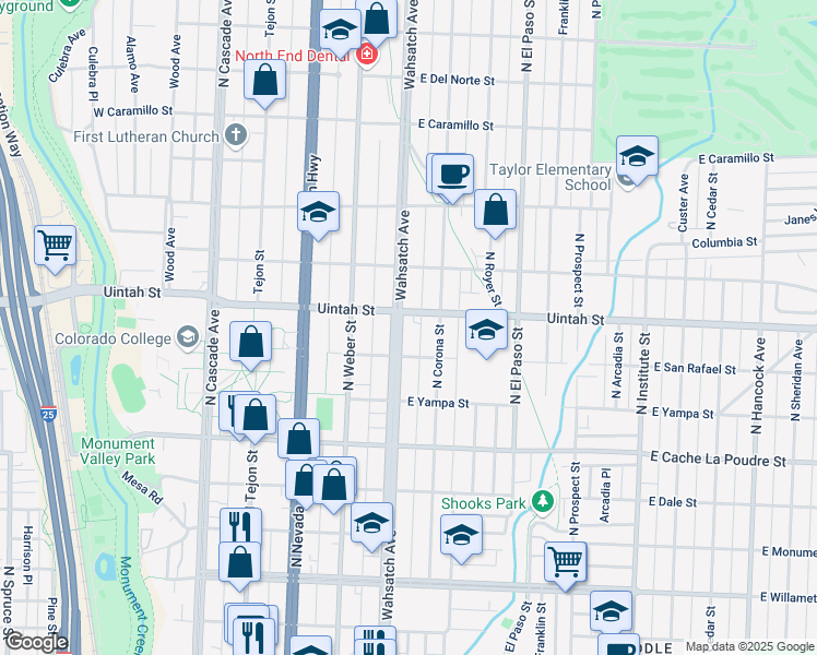 map of restaurants, bars, coffee shops, grocery stores, and more near 1121 North Wahsatch Avenue in Colorado Springs