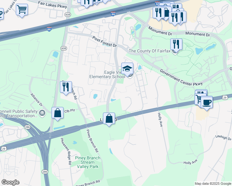 map of restaurants, bars, coffee shops, grocery stores, and more near 4635 Battenburg Lane in Fairfax