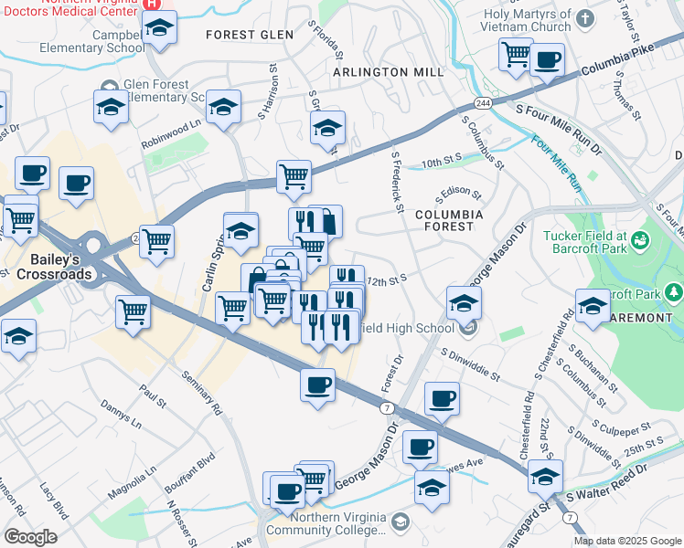 map of restaurants, bars, coffee shops, grocery stores, and more near 1138 South Harrison Street in Arlington