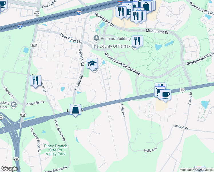 map of restaurants, bars, coffee shops, grocery stores, and more near 12013 Lynford Lane in Fairfax