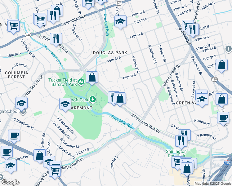 map of restaurants, bars, coffee shops, grocery stores, and more near 4185 South Four Mile Run Drive in Arlington
