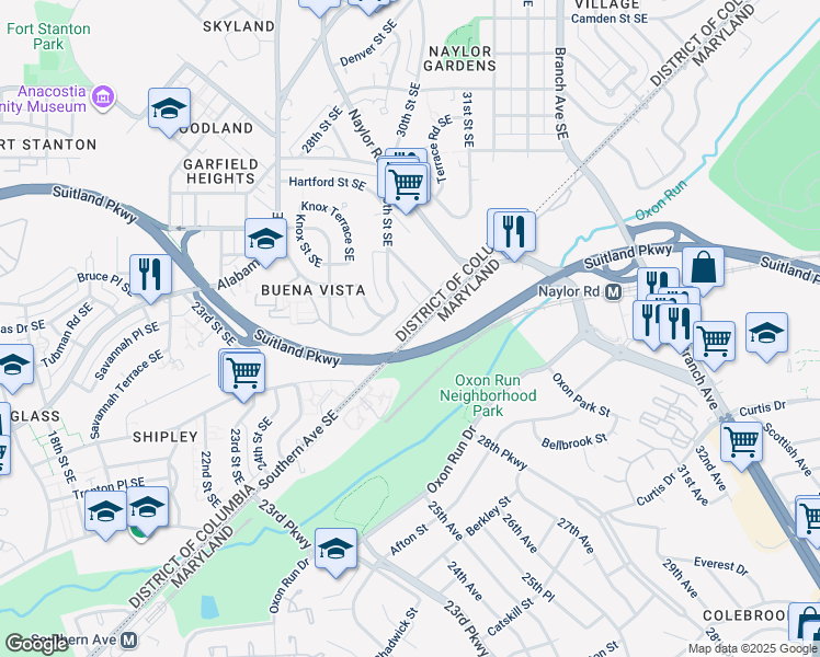 map of restaurants, bars, coffee shops, grocery stores, and more near 2912 Southern Avenue Southeast in Washington