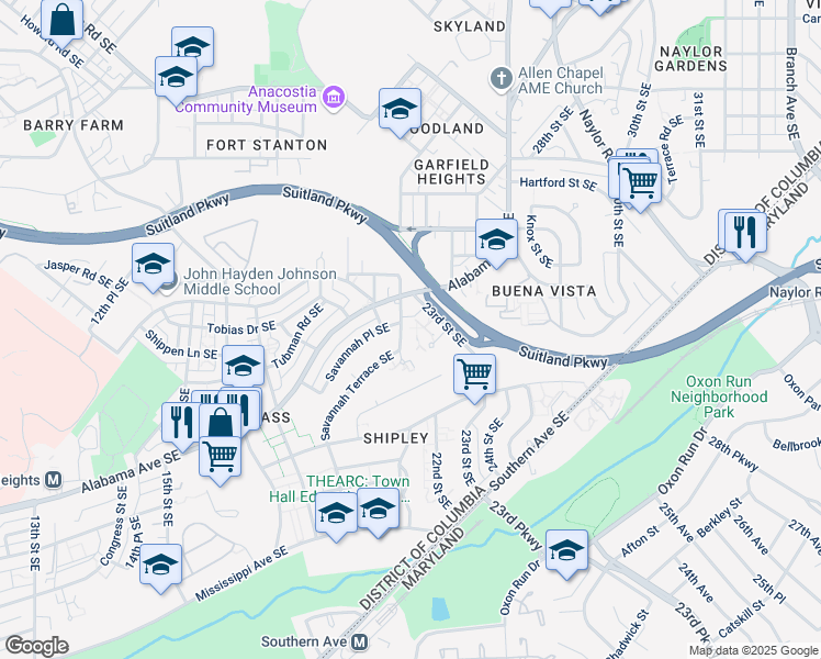 map of restaurants, bars, coffee shops, grocery stores, and more near 3245 23rd Street Southeast in Washington