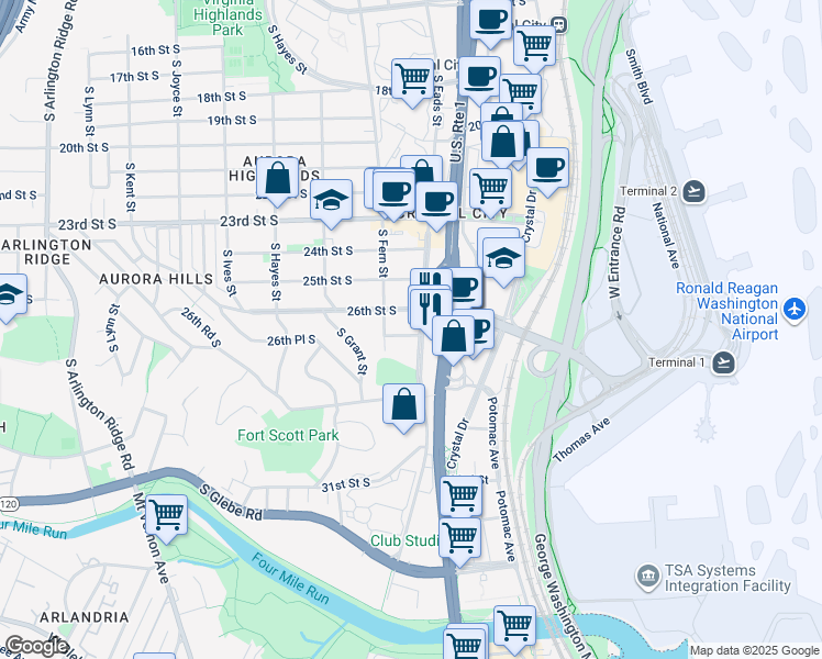 map of restaurants, bars, coffee shops, grocery stores, and more near 505 26th Road South in Arlington
