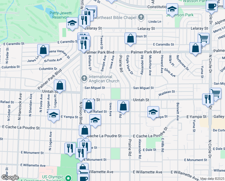 map of restaurants, bars, coffee shops, grocery stores, and more near 2112 East Uintah Street in Colorado Springs