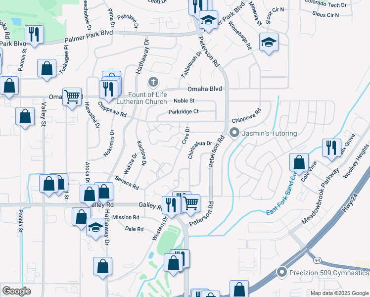map of restaurants, bars, coffee shops, grocery stores, and more near 1263 Cree Dr in Colorado Springs