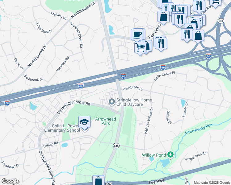 map of restaurants, bars, coffee shops, grocery stores, and more near 5011 Village Fountain Place in Centreville