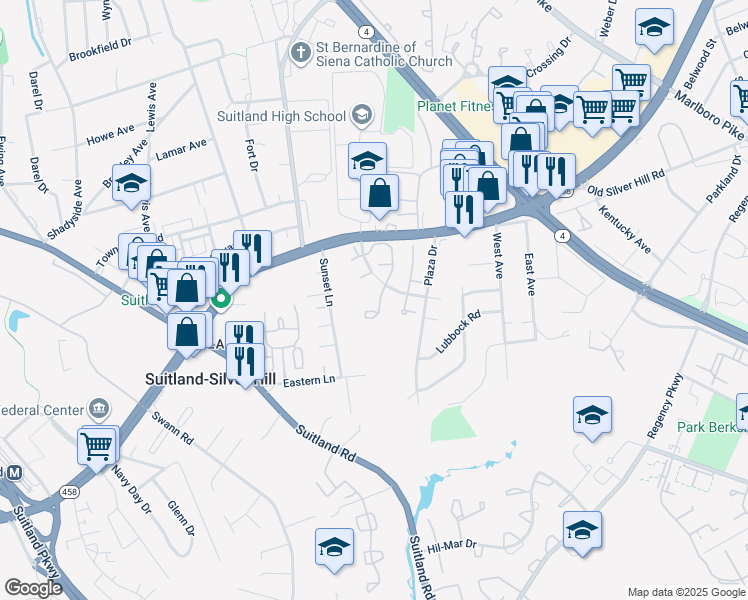 map of restaurants, bars, coffee shops, grocery stores, and more near 2715 Sweetwater Court in District Heights
