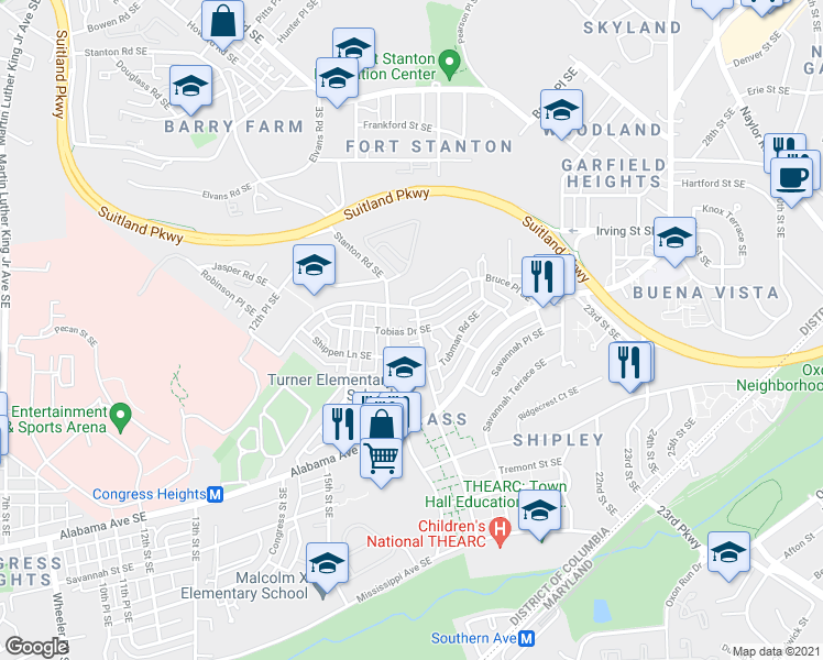 map of restaurants, bars, coffee shops, grocery stores, and more near 1758 Stanton Terrace Southeast in Washington